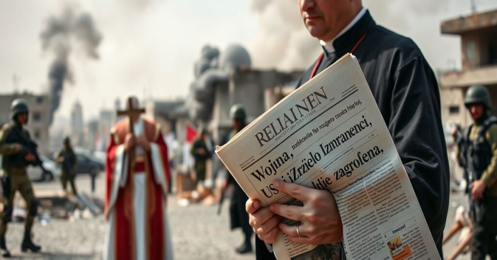 Ksiądz katolicki w tradycyjnych szatach modli się za pokój przed niszczonym miastem na Bliskim Wschodzie podczas wojny USA i Izraela z Iranem. W tle widoczni są żołnierze.