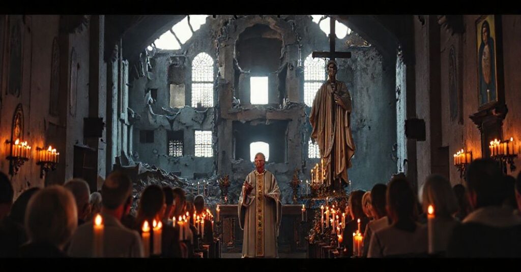 Grupa wiernych modli się w zniszczonej cerkwi z kapłanem prowadzącym różaniec za pokój w czasie wojny