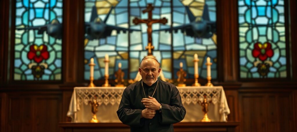 Kneeling monk in traditional habit praying before a crucifix with blurred image of F-35 fighters in the background