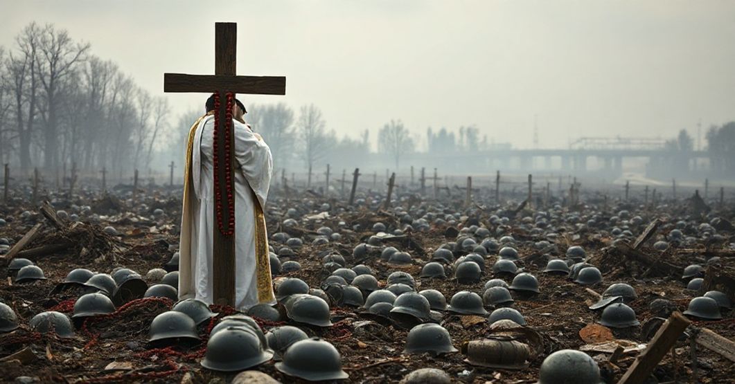 Scena katolicka przedstawiająca pole bitwy w Dukli-Barwinku z krzyżem i modlącym się księdzem