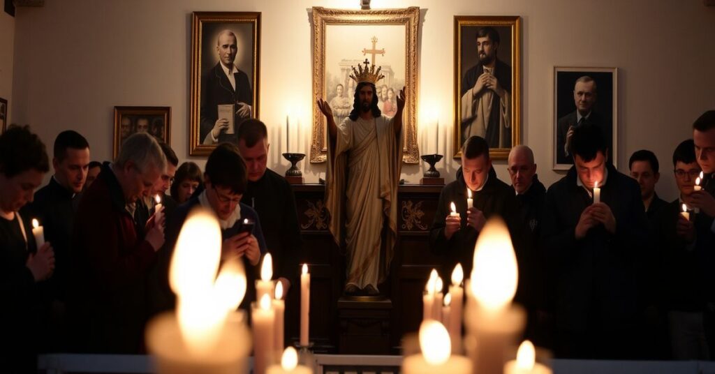 Pokój modlitwy z świecami i wizerunkami polskich męczenników misjonarzy.