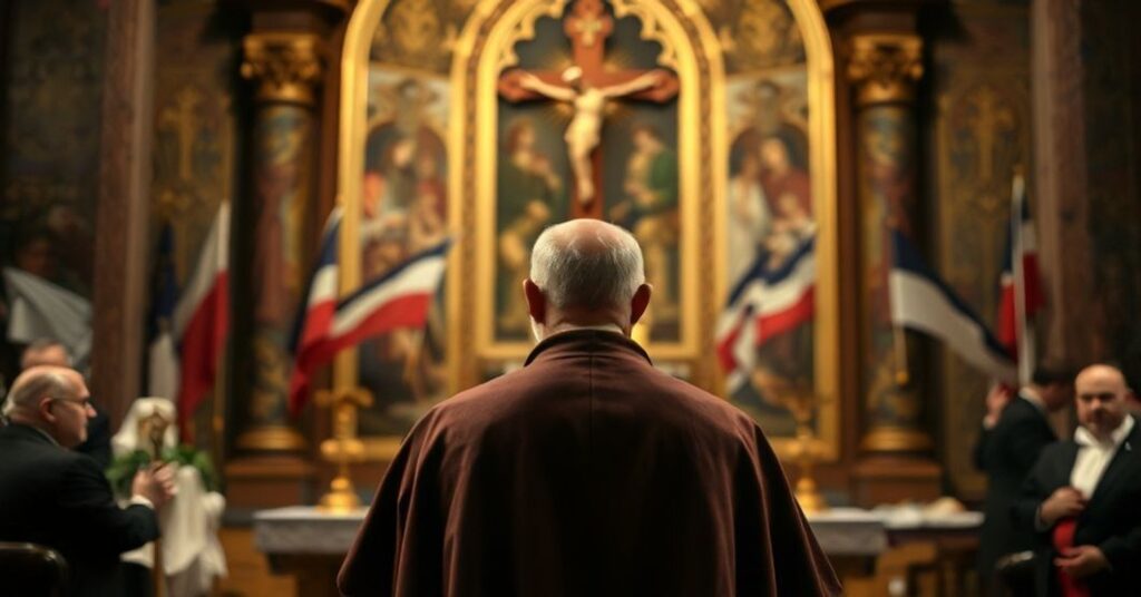 Tradycyjny katolicki ksiądz modli się w kościele o nawrócenie Polski przed chaosem politycznym