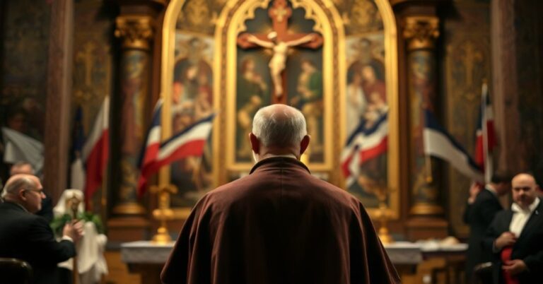 Tradycyjny katolicki ksiądz modli się w kościele o nawrócenie Polski przed chaosem politycznym