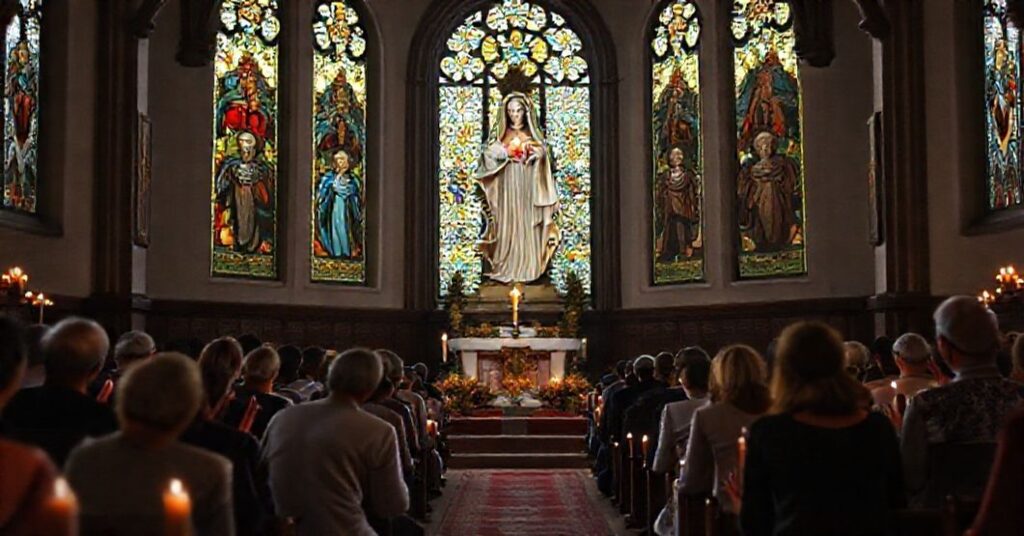 Modlitwa katolicka w kościele polskim przed obrazem Matki Bożej z Niepokalanego Serca, symbolizująca duchową obronę Polski przed zagrożeniem