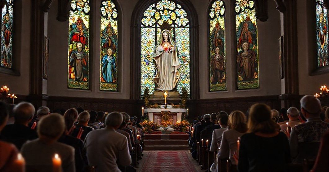 Modlitwa katolicka w kościele polskim przed obrazem Matki Bożej z Niepokalanego Serca, symbolizująca duchową obronę Polski przed zagrożeniem