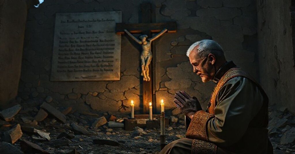 Kneeling Catholic priest in traditional vestments praying before a battle-scarred crucifix in a ruined Polish village.