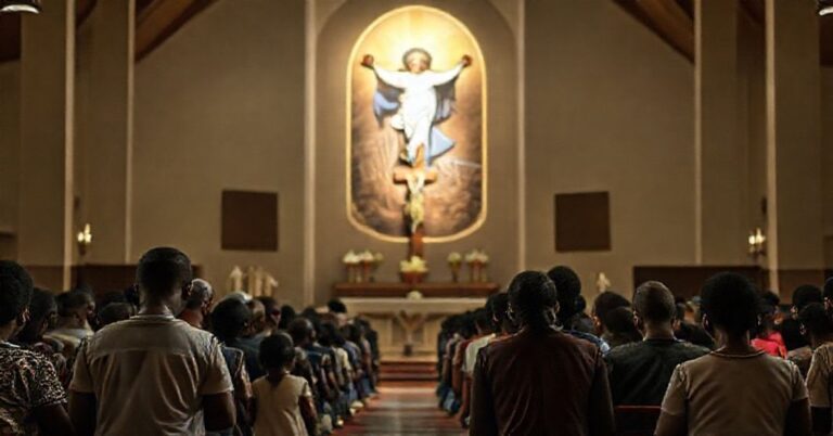 Grupa nigeryjskich dzieci i nauczycieli modli się w katolickim kościele po porwaniu przez islamskich terrorystów.