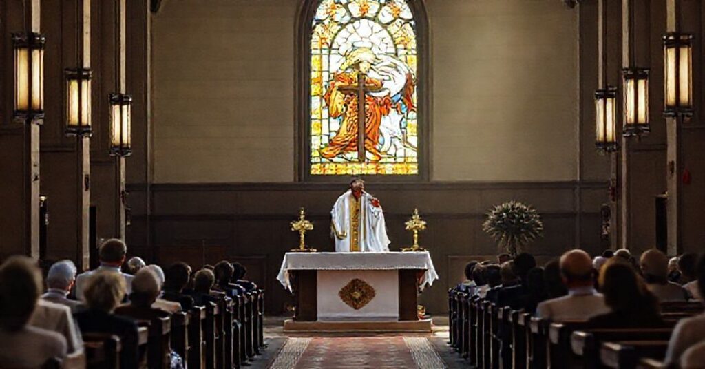 Wnętrze tradycyjnego kościoła katolickiego z ołtarzem i kapłanem trzymającym krzyż, otoczony modlącymi się wiernymi. W tle witraż przedstawia świętego Michała Archanioła pokonującego diabła.