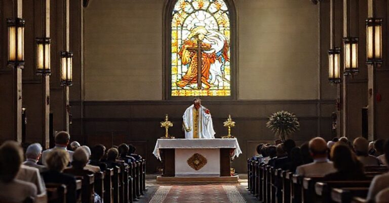 Wnętrze tradycyjnego kościoła katolickiego z ołtarzem i kapłanem trzymającym krzyż, otoczony modlącymi się wiernymi. W tle witraż przedstawia świętego Michała Archanioła pokonującego diabła.