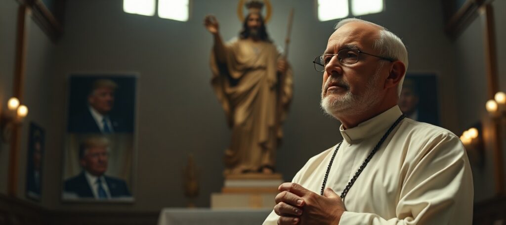 Solemne wnętrze kościoła z księdzem modlącym się z różańcem przed statuą Chrystusa Króla
