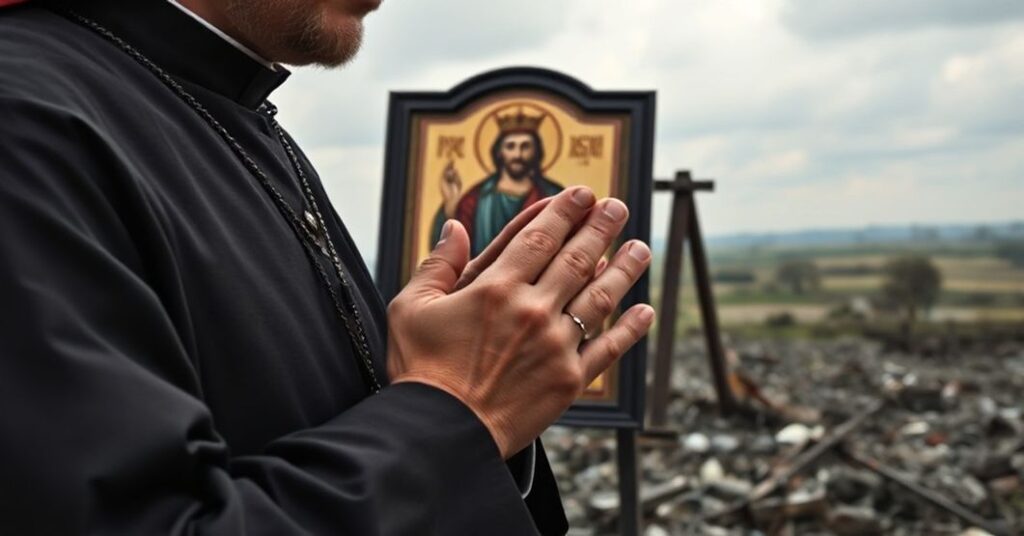 Ksiądz w tradycyjnych szatach kapłańskich modli się przed ikoną Chrystusa Króla na tle zniszczonej Ukrainy.