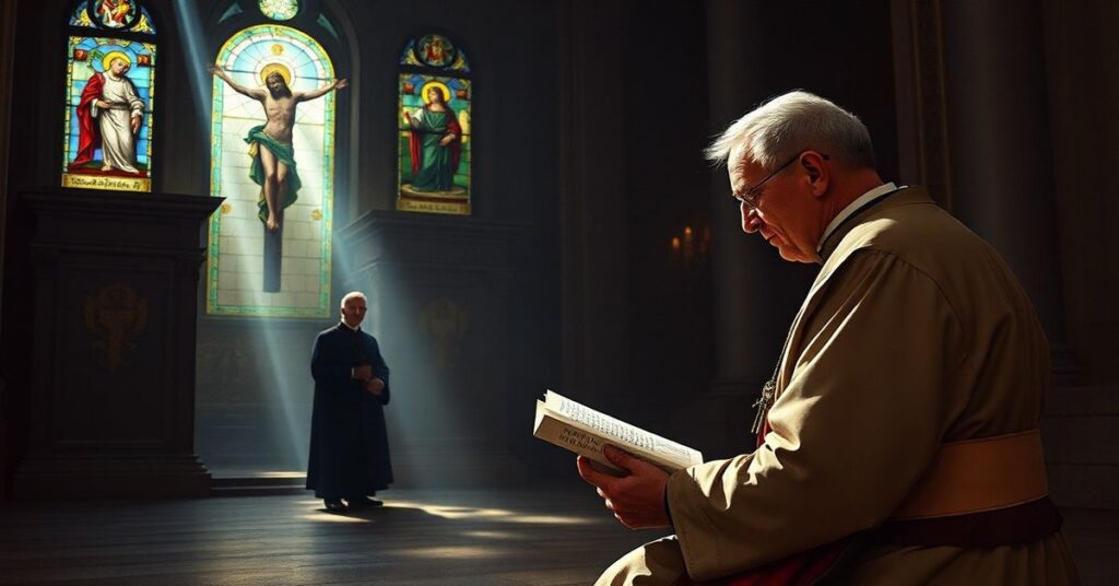 Tradycyjny kapłan w kaszule modli się przed krucyfiksem w ciemnej kościele z promieniami słońca przecinającymi witraże z Chrystusem Królem