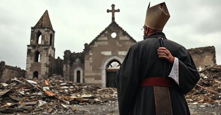 Ksiądz w tradycyjnych paramentach modli się przed zniszczonym kościołem w krajach dotkniętych wojną. Symbolizuje cierpienie prześladowanych katolików.