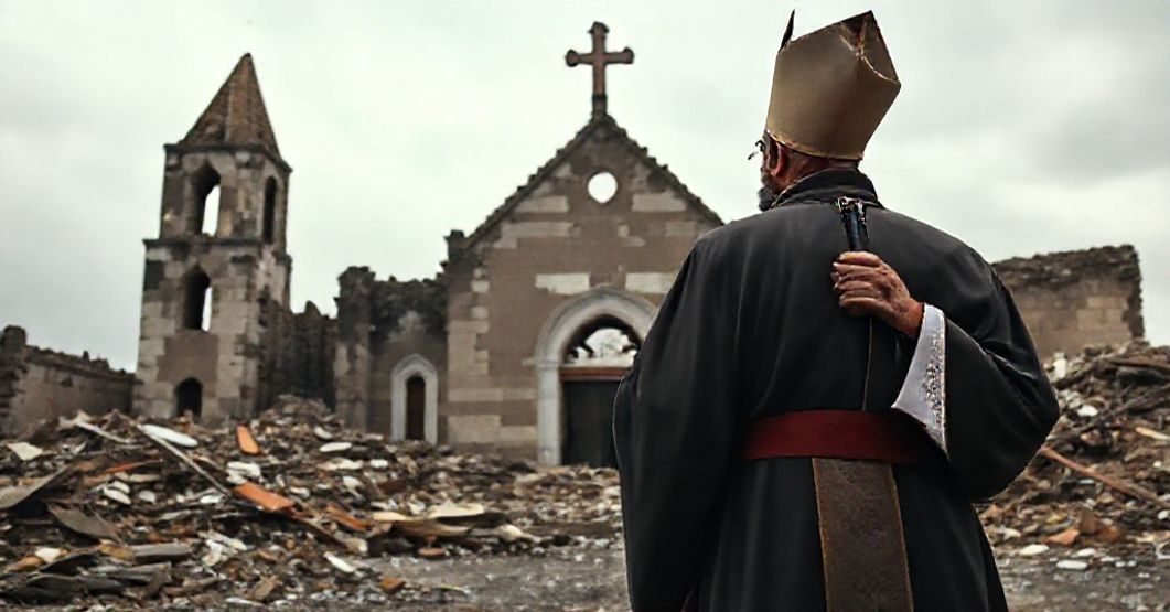 Ksiądz w tradycyjnych paramentach modli się przed zniszczonym kościołem w krajach dotkniętych wojną. Symbolizuje cierpienie prześladowanych katolików.