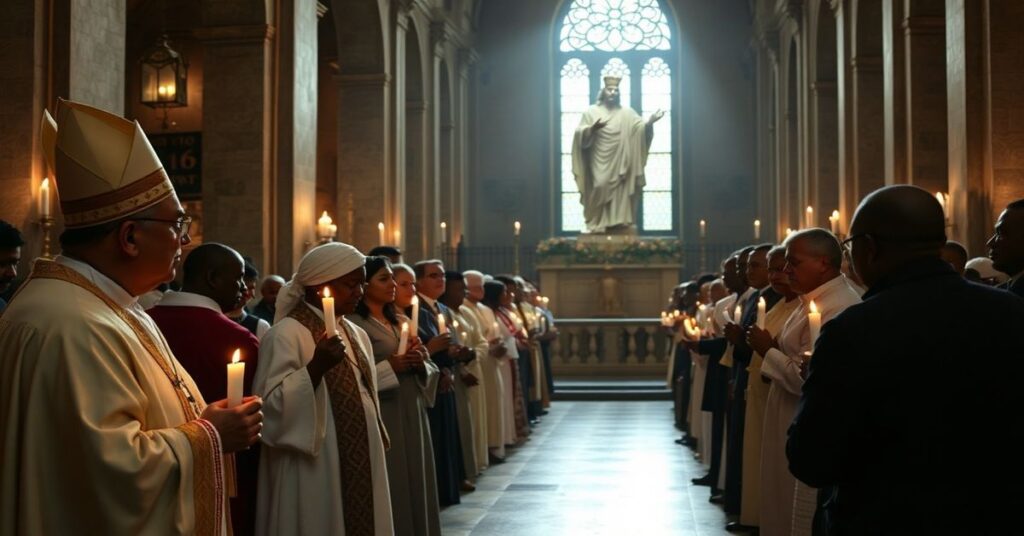Grupa katolików modli się w rzymskiej bazylice z posągiem Chrystusa Króla na tle, wyrażając troskę o prześladowane chrześcijanki w Nigerii.