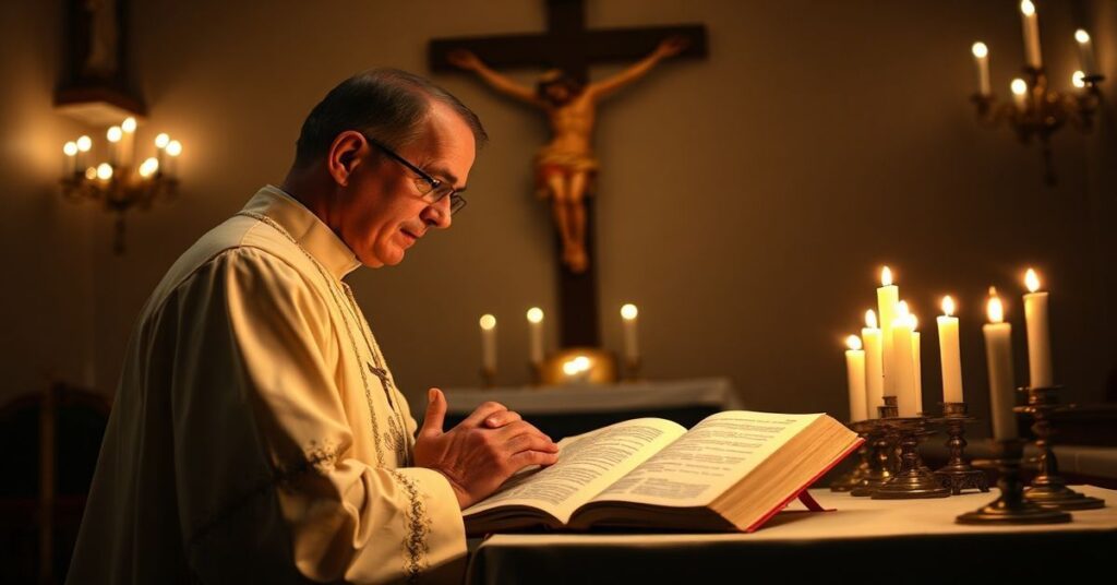 Kleryk modli się za prześladowanych chrześcijan w tradycyjnym kościele.