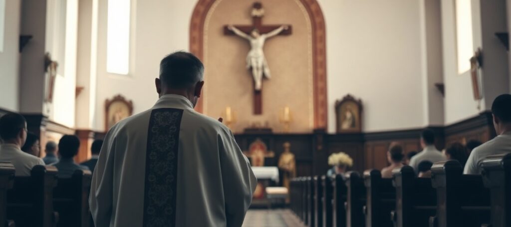 Wnętrze tradycyjnego kościoła katolickiego z krzyżem na pierwszym planie. Ksiądz w tradycyjnych szatach modli się za prześladowanych chrześcijan w Chinach.