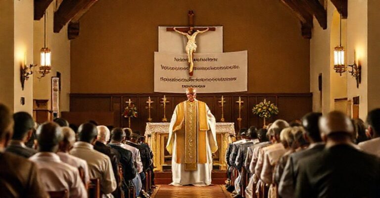 Tradycyjne katolickie nabożeństwo w kościele z kapłanem w sutannie i surplisie otoczonego modlącymi się wiernymi.