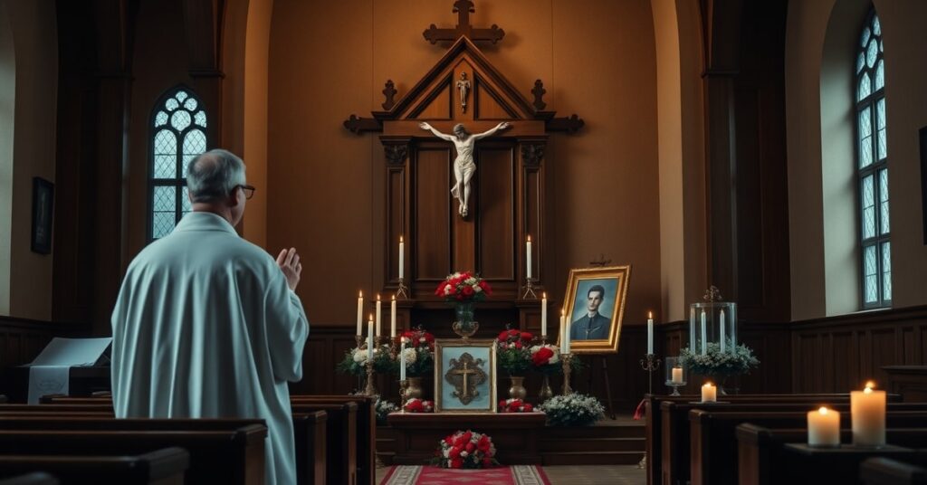 Tradycyjny kościół katolicki z kapłanem w szatach liturgicznych modlącego się przed pomnikiem ofiar masakry UPA w Puźnikach z 1945. Scena zawiera drewniany krzyż, świeczniki i fotografię ofiar. Surowe i wznoszące duchowo nastroje.