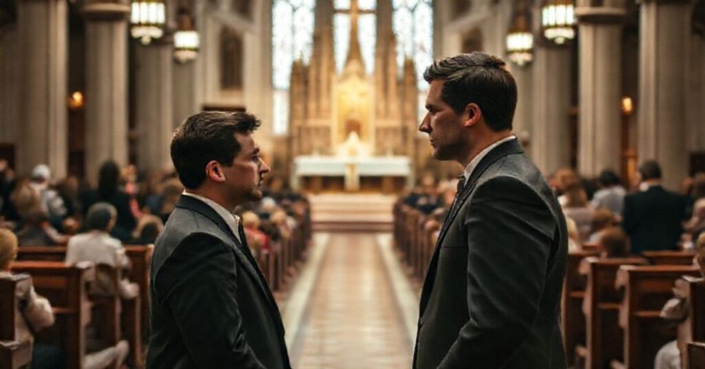 Wnętrze kościoła z tradycyjnym ołtarzem, modlącą się społecznością i postaciami Elona Muska oraz Gavina Newsoma symbolizującymi walkę z ideologią gender.