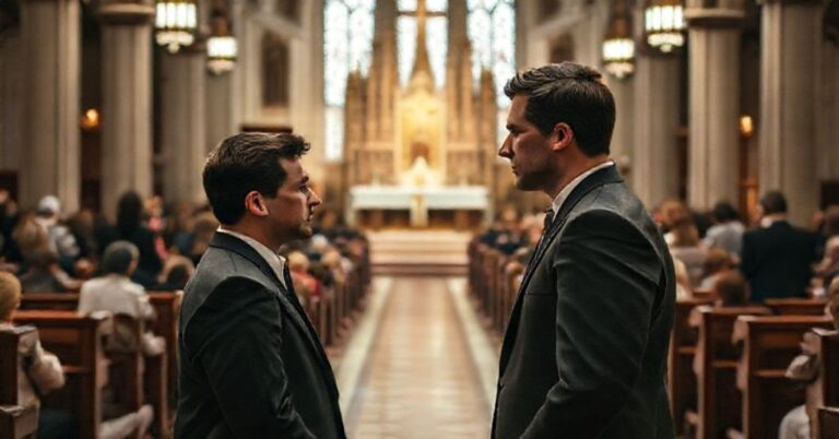 Wnętrze kościoła z tradycyjnym ołtarzem, modlącą się społecznością i postaciami Elona Muska oraz Gavina Newsoma symbolizującymi walkę z ideologią gender.