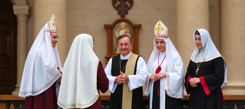Kapłan w tradycyjnym habit modli się przed obrazem Matki Bożej z Dzieciątkiem podczas modlitwy za katolicką rodzinę.