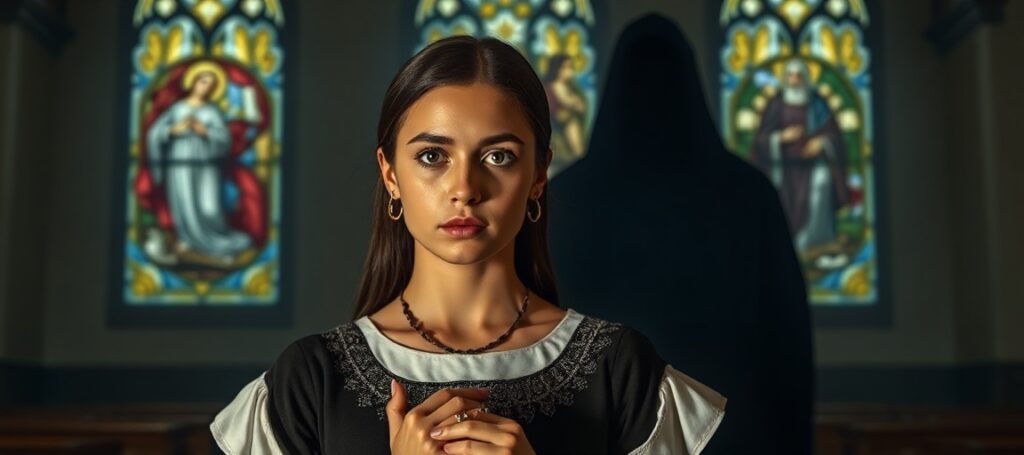 Młoda kobieta w tradycyjnym stroju katolickim modli się w kościele po zabójstwie Rylee Montgomery przez Michaela Sancheza