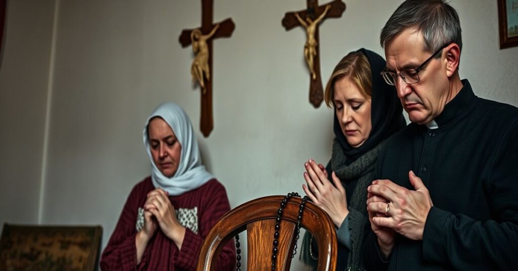 Uroczysta modlitwa katolickiej rodziny w tradycyjnym domu w Polsce, symbolizująca walkę o suwerenność narodową i wierność Chrystusowi Krału w obliczu zagrożenia finansowej niewoli programu SAFE UE.