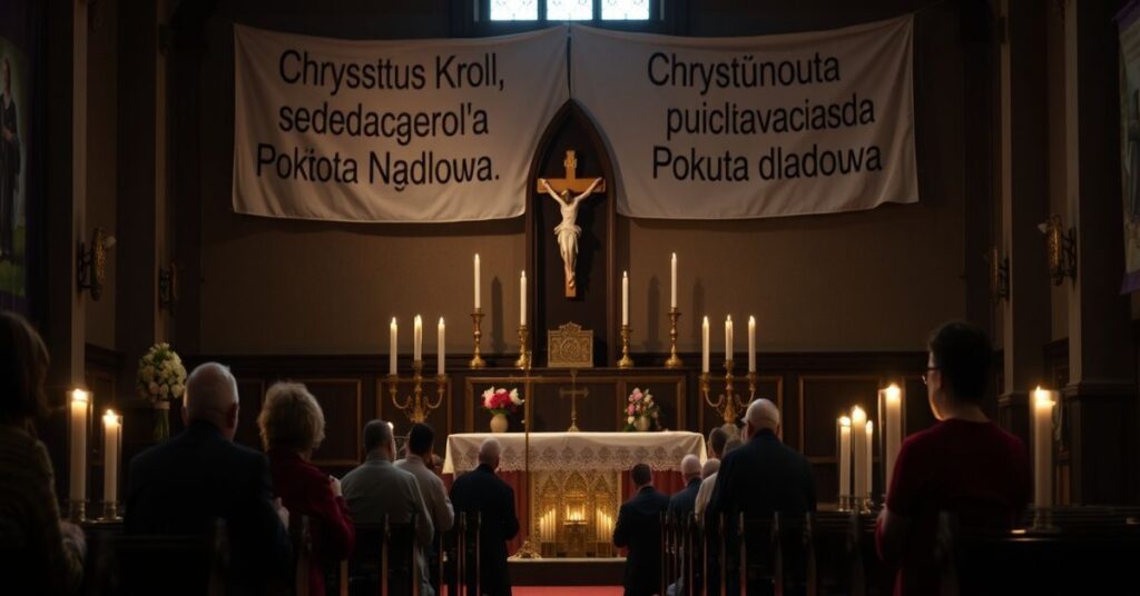 Sobór katolicki z wiernymi modlącymi się przed ołtarzem z krzyżem i świecami, symbolizujący strach przed terroryzmem i nadzieję w Chrystusa Króla.