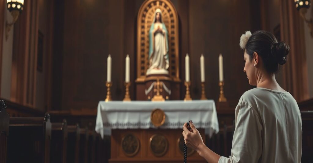 Kobieta modląca się przed ołtarzem z figurą Matki Boskiej Niepokalanej, trzymając różaniec w tradycyjnym kościele katolickim.