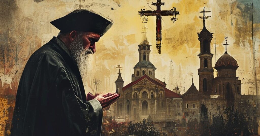 Tradycyjny ksiądz modli się w zniszczonym kościele w Kijowie, symbolizując duchową devastację i kontrast między prawdziwą pobożnością a nowoczesnymi herezjami.