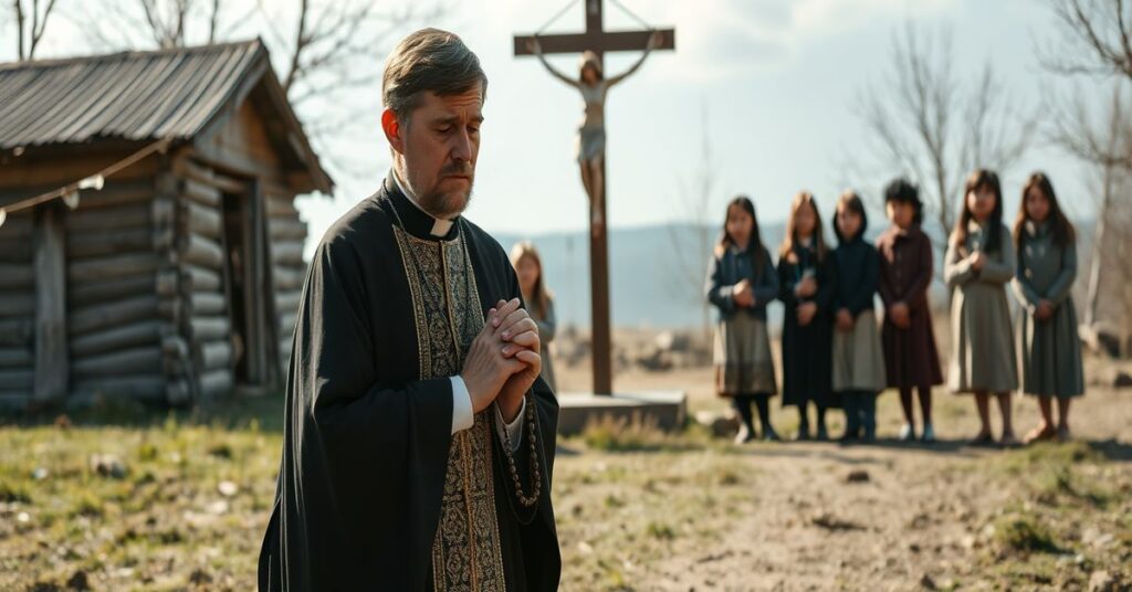 Ksiądz katolicki w tradycyjnych szatach modli się przed krzyżem z różańcem w ręku, z grupą ukraińskich dzieci na tle wsi.