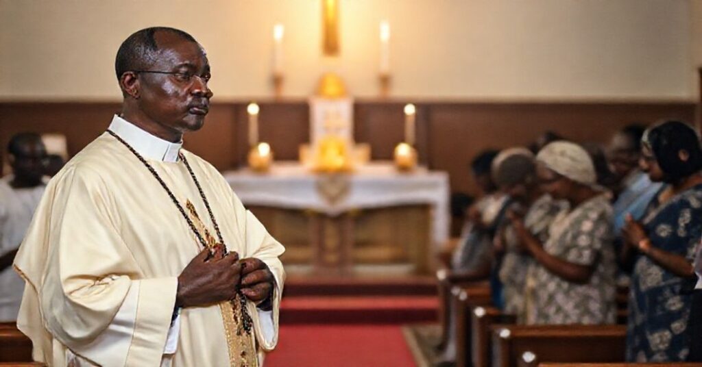 Ksiądz w tradycyjnych szatach kapłańskich modli się za uprowadzonych dzieci w niesakralnym kościele w Nigerii.