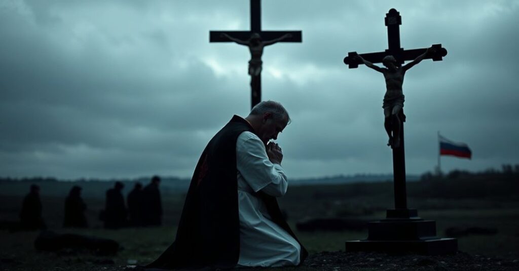 Ksiądz w tradycyjnych szatach modli się przed krzyżem na tle biało-ruskiego krajobrazu pod szarymi chmurami.