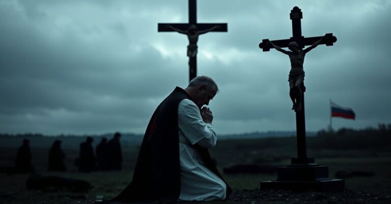 Ksiądz w tradycyjnych szatach modli się przed krzyżem na tle biało-ruskiego krajobrazu pod szarymi chmurami.