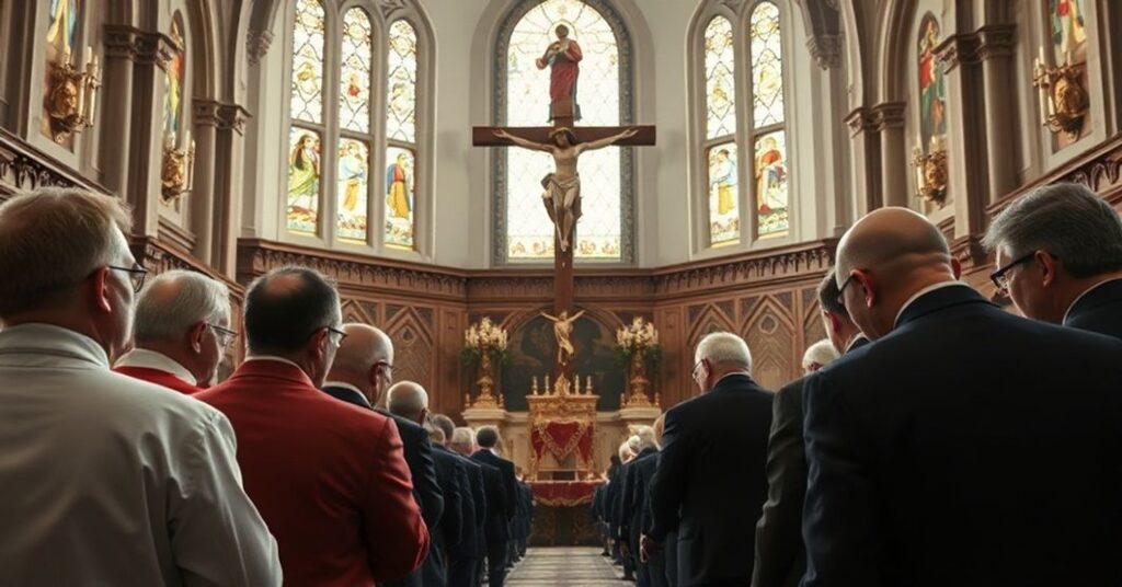 Grupa katolików modli się w kościele w Polsce w 2025 roku z prezydentem Karolem Nawrockim i premierem Donaldem Tuskiem przed krzyżem.