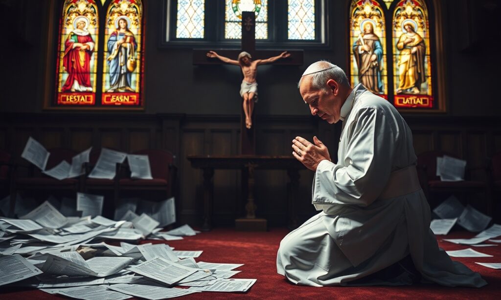 Kardynał w tradycyjnym stroju liturgicznym modli się przed krzyżem, otoczony dokumentami rządowymi symbolizującymi prześladowanie chrześcijan.