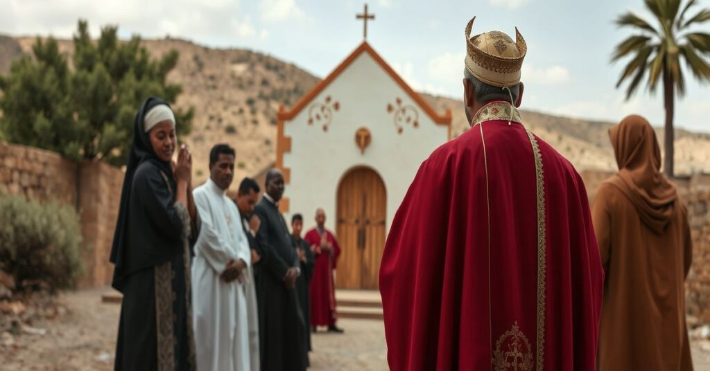 Tradycyjny ksiądz katolicki w szatach liturgicznych modli się przed zamkniętym kościołem w Algierze wraz z grupą wiernych.