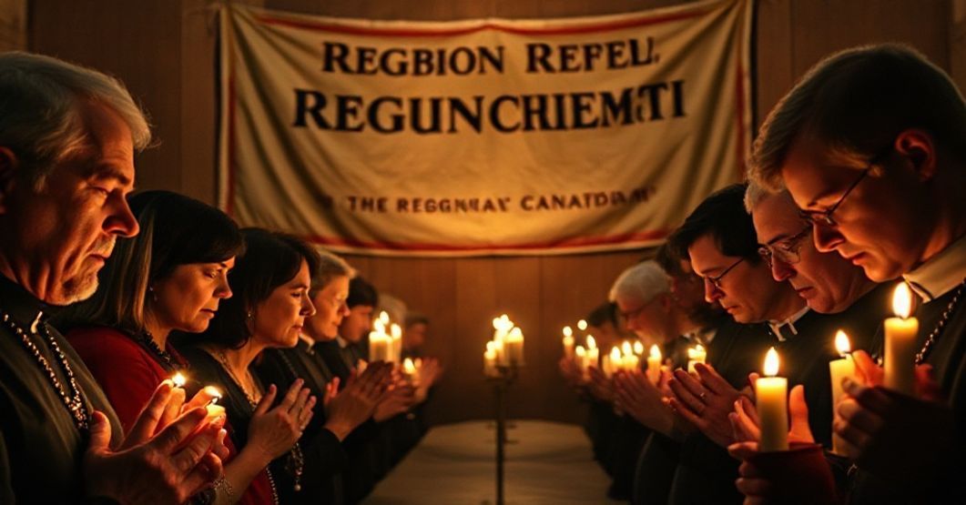 Tradycyjni katolicy modlą się w koście z obrazem „Regnum Christi” naściennym tle, symbolizując opór wobec ustawy C-8