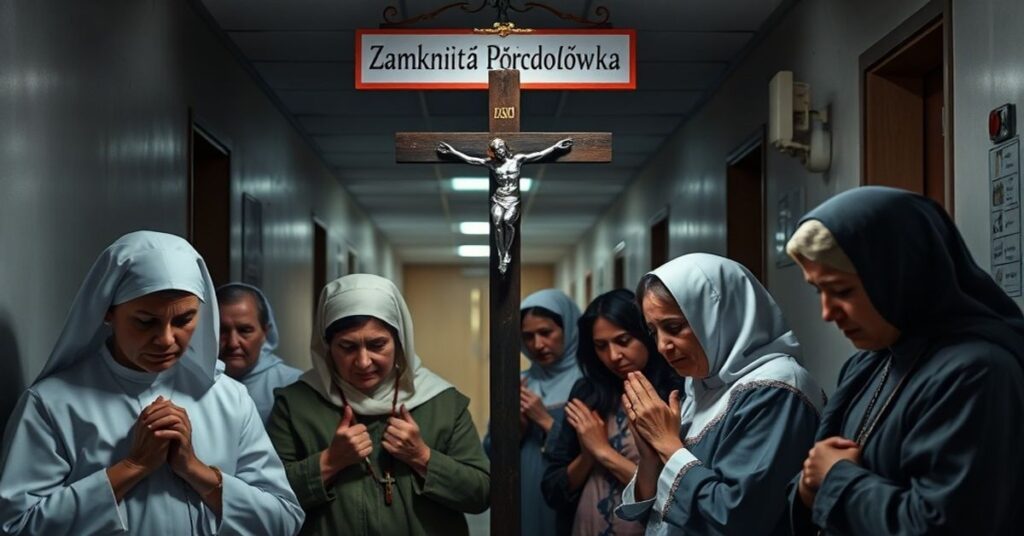 Grupa kobiet w modlitwie przed zamkniętą porodówką w szpitalu katolickim