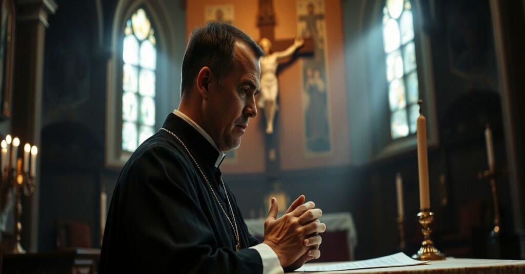 Mężczyzna w tradycyjnych katolickich szatach modli się przy ołtarzu z krzyżem, otoczony cichą i poważną atmosferą kościoła.