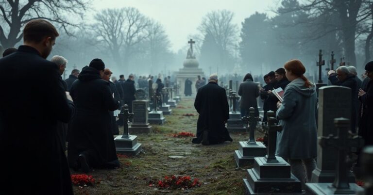 Stary cmentarz Campo Verano z tradycyjnymi nagrobkami i modlącymi się wiernymi.