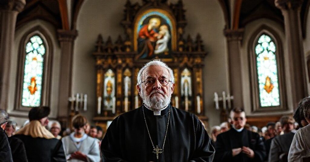 Tradycyjne katolickie zgromadzenie w Narodowym Sanktuarium św. Józefa w Kaliszu z wiernymi modlącymi się przed wotywem przedstawiającym św. Józefa z Dzieciątkiem i Matką Boską