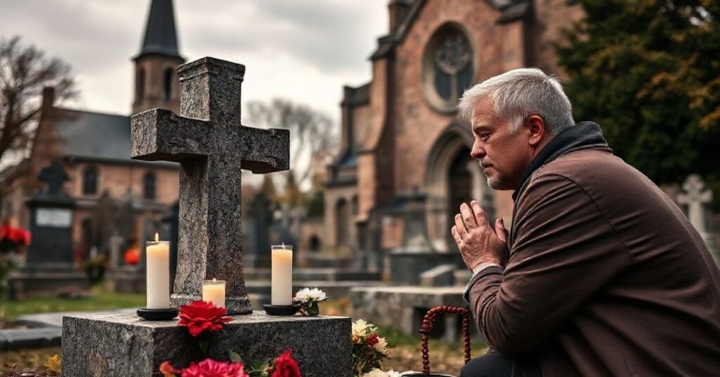 Tradycyjna katolicka scena na cmentarzu podczas Dnia Wszystkich Świętych.