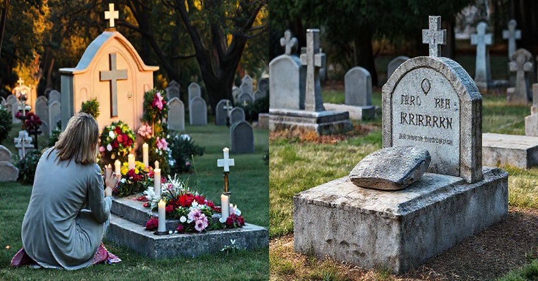 Scena na katoliczym cmentarzu z rodziną modlącą się przy grobie ozdobionym świecami i kwiatami, symbolizującą tradycję Dnia Zadusznego.