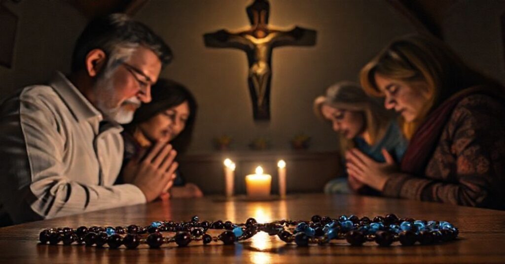 Rodzina modląca się w tradycyjnej kaplicy z wyróbionym różańcem w kolorach granatowym i niebieskim.
