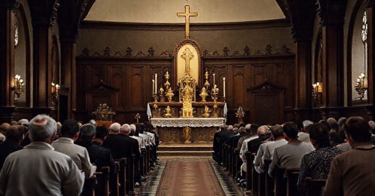 Tradycyjna katolicka modlitwa za zmarłych w kaplicy z ołtarzem i modlącymi się wiernymi