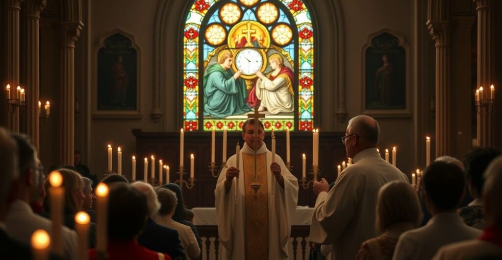 Tradycyjna msza katoliczka w rzymskim obrządku, z klerykiem celebrującym za dusz czystej, z pobożnymi wiernymi, oknem witrażowym przedstawiającym Sąd Ostateczny.