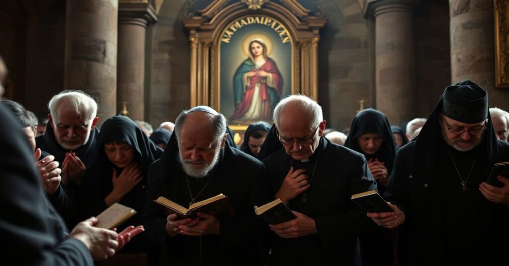 Grupa katolików modli się u stóp Jasnogórskiej Matki Bożej z głębokim nabożeństwem