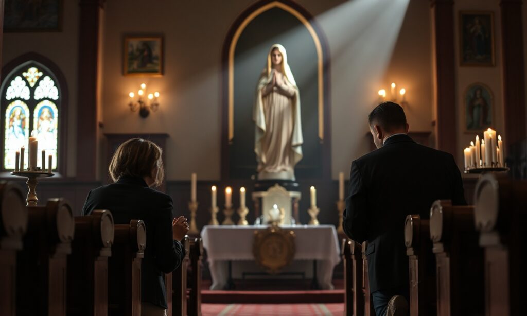 Marjorie Dannenfelser i Josh Hawley modlą się w tradycyjnym kościele katolickim przed rzeźbą Matki Bożej. Scena symbolizuje kryzys ruchu pro-life z powodu politycznej obojętności wobec pigułek aborcyjnych.